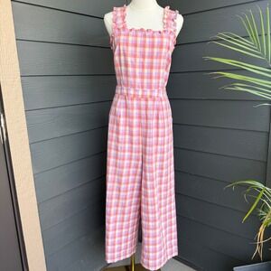 FRNCH Paris Gingham Open Back Wide Leg Jumpsuit Pink Lavender Cotton Large‎